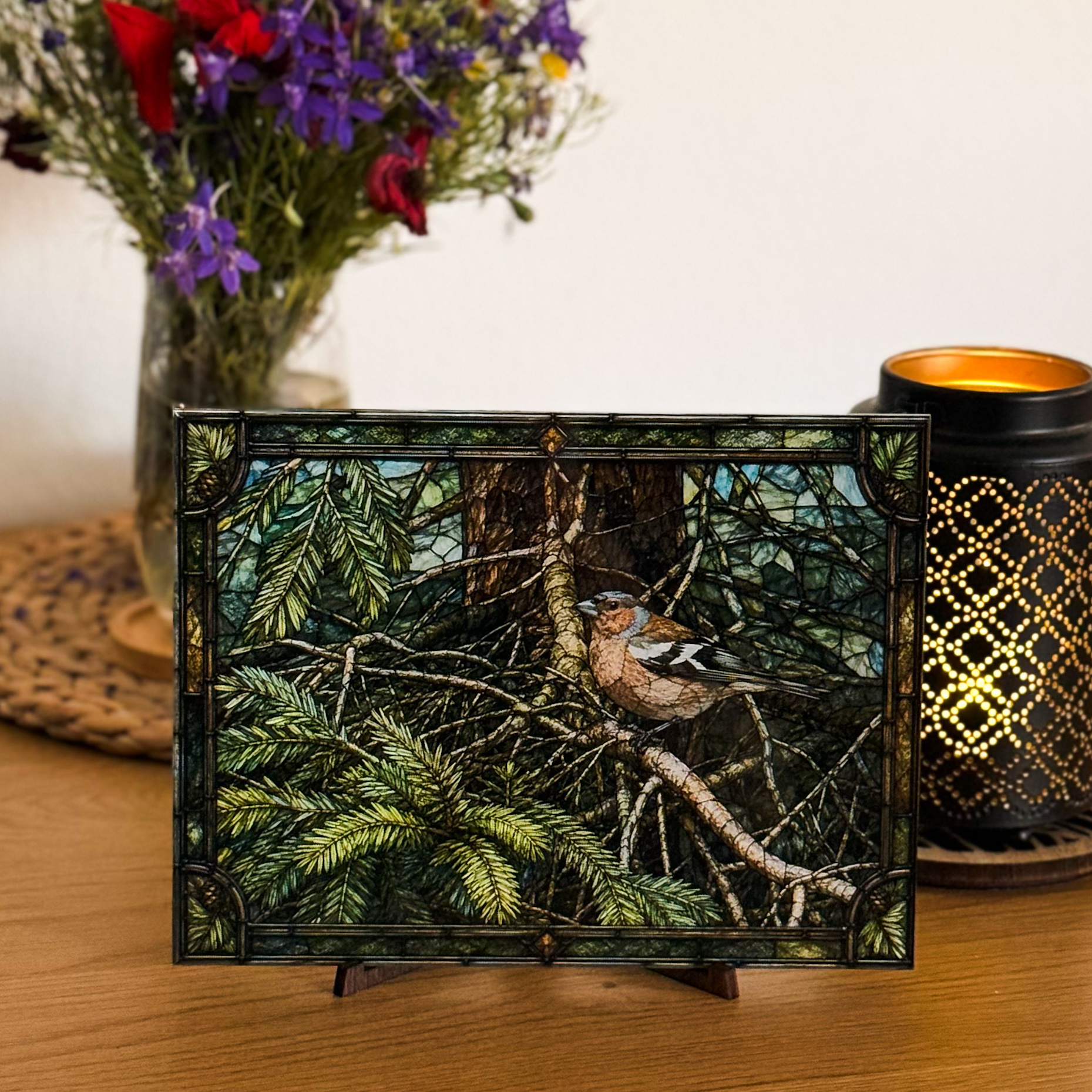 Stained Glass Magnetic Wall Art Of A Finch On A Branch, Abstract Sketch From Photo